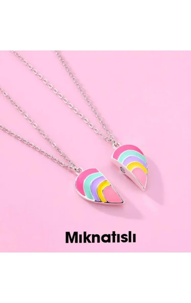 2'li Mıknatıslı Renkli Gökkuşağı Kalp Kolye Best Friends Kolye - 5
