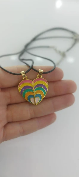 2'li Mıknatıslı Renkli Gökkuşağı Kalp Kolye Best Friends Kolye