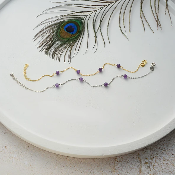 925 ayar gümüş örme ametist doğal taş bileklik - 3