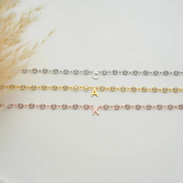 925 ayar gümüş HARF bileklik beyaz zirkon taşlı tamtur - Resim 6