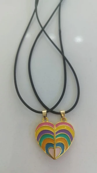 2'li Mıknatıslı Renkli Gökkuşağı Kalp Kolye Best Friends Kolye - 3