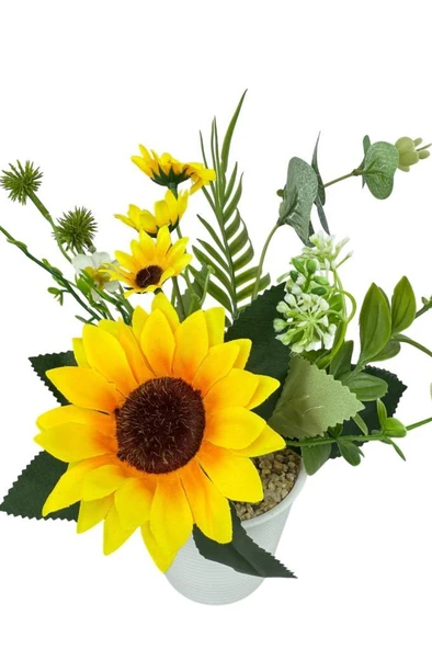 Nettenevime Yapay Çiçek Ay Çiçeği Aranjmanı Beyaz Plastik Saksılı 25cm Dekoratif Süs Çiçeği - Resim 6