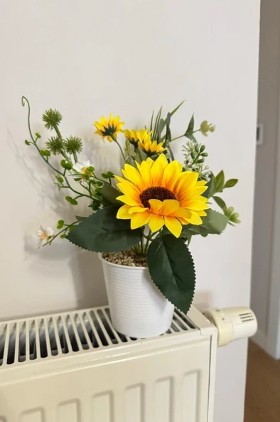 Nettenevime Yapay Çiçek Ay Çiçeği Aranjmanı Beyaz Plastik Saksılı 25cm Dekoratif Süs Çiçeği - Resim 2