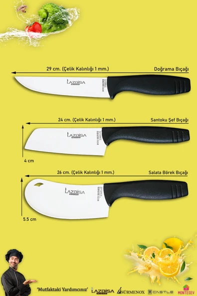 Eco Serisi Mutfak Bıçak Seti Et Ekmek Sebze Pizza Salata Börek Şef Bıçağı 3 Lü Set ( Mft-1520) - 2