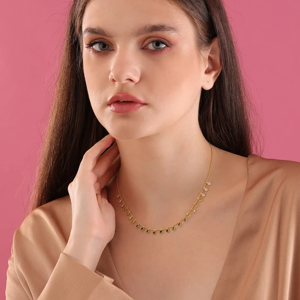 925 ayar gümüş yeşil renk geçişli top zincirli kolye - Resim 4