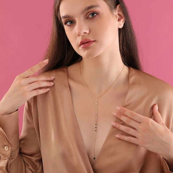 925 ayar gümüş mavi renk geçişli sallantılı Y kolye - 4