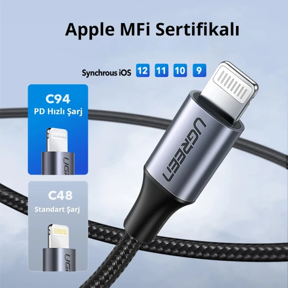 Ugreen 70525 USB-C to Lightning PD 36W 2M Örgülü Hızlı Şarj Kablosu - 3