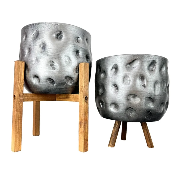 Bitki Tasarımı Ev Dekorasyon Aksesuar Gümüş Desenli Toprak Saksı Saksılık Salon Çiçeklik İkili Set 4 Ayaklı- 3 Ayaklı  19 CM - 5