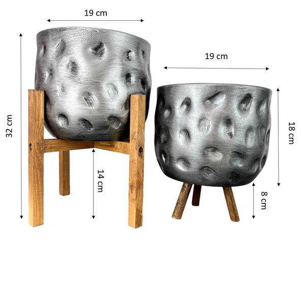 Bitki Tasarımı Ev Dekorasyon Aksesuar Gümüş Desenli Toprak Saksı Saksılık Salon Çiçeklik İkili Set 4 Ayaklı- 3 Ayaklı  19 CM - 6