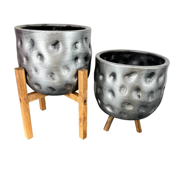 Bitki Tasarımı Ev Dekorasyon Aksesuar Gümüş Desenli Toprak Saksı Saksılık Salon Çiçeklik İkili Set 4 Ayaklı- 3 Ayaklı  19 CM - 8