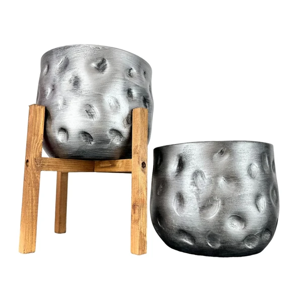 Bitki Tasarımı Ev Dekorasyon Aksesuar Gümüş Desenli Toprak Saksı Saksılık Salon Çiçeklik İkili Set 4 Ayaklı - Ayaksız 19 CM