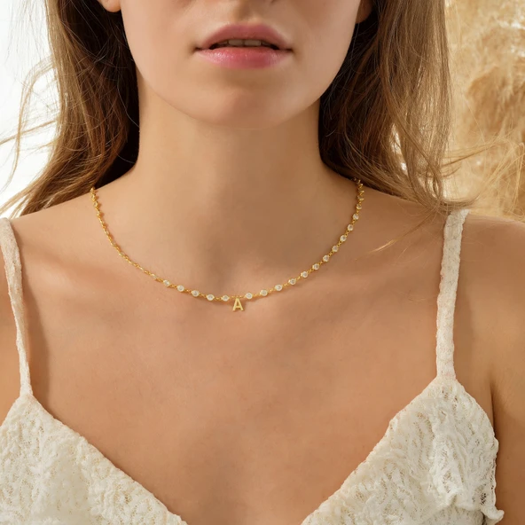 925 ayar gümüş kişiye özel harfli beyaz zirkon taşlı tamtur kolye - 4