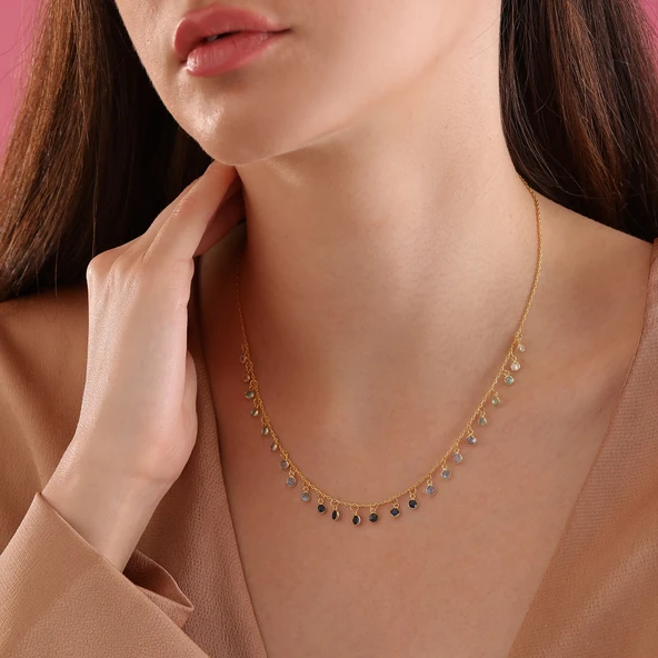 925 ayar gümüş mavi renk geçişli zirkon taşlı ful sallantı kolye - Resim 4