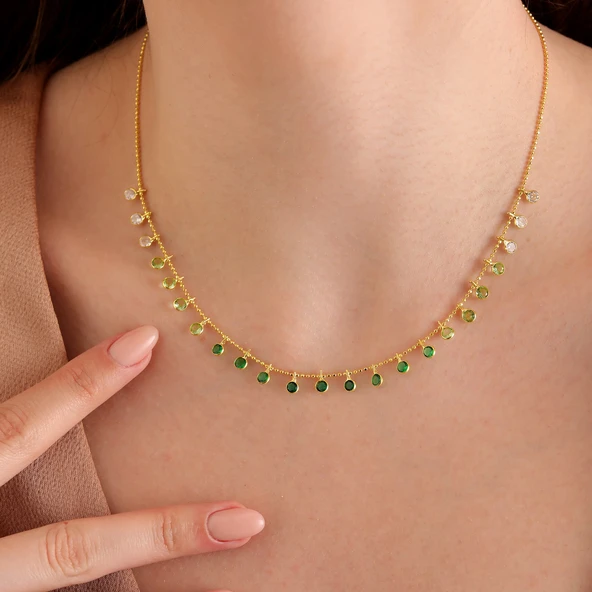 925 ayar gümüş yeşil renk geçişli top zincirli kolye - Resim 5