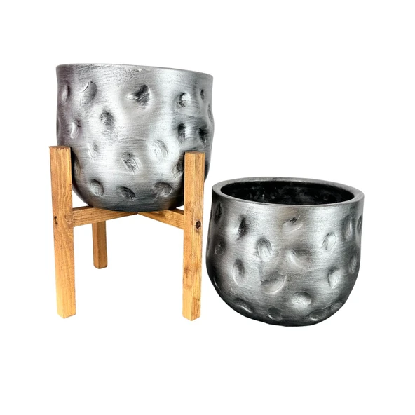 Bitki Tasarımı Ev Dekorasyon Aksesuar Gümüş Desenli Toprak Saksı Saksılık Salon Çiçeklik İkili Set 4 Ayaklı - Ayaksız 19 CM - 3