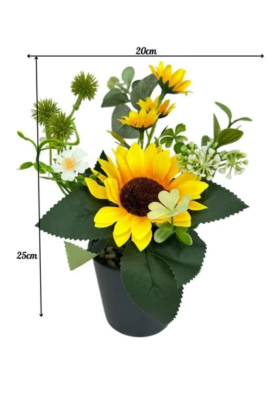 Yapay Çiçek Ay Çiçeği Aranjmanı Siyah Plastik Saksılı 25cm Dekoratif Süs Çiçeği - 7