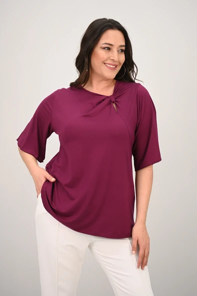 Kadın Büyük Beden Düğüm Büzgü Detaylı Bluz 1913-25 - 10