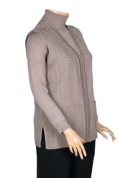 Hesna Kadın Karen Triko Cepli Boncuklu Kum Beji Yelek - 6