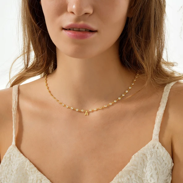 925 ayar gümüş kişiye özel harfli beyaz zirkon taşlı tamtur kolye - 5