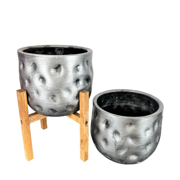 Bitki Tasarımı Ev Dekorasyon Aksesuar Gümüş Desenli Toprak Saksı Saksılık Salon Çiçeklik İkili Set 4 Ayaklı - Ayaksız 19 CM - 4