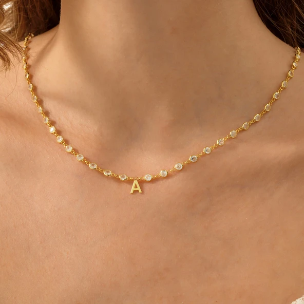 925 ayar gümüş kişiye özel harfli beyaz zirkon taşlı tamtur kolye