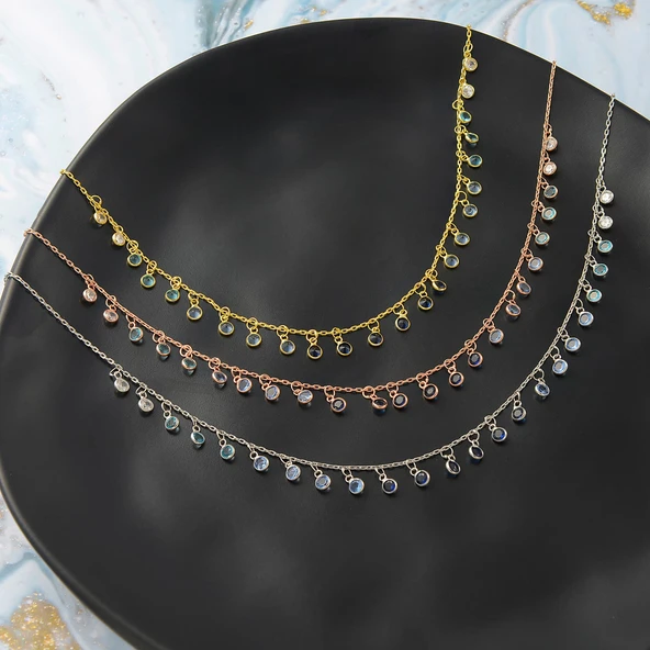 925 ayar gümüş mavi renk geçişli zirkon taşlı ful sallantı kolye - Resim 3