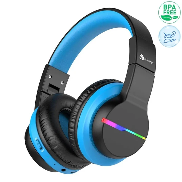 iClever Led Işıklı Güvenli Ses Sınırlı 85 Saat Oynatma Süreli Bluetooth Çocuk Kulaklığı Siyah Mavi