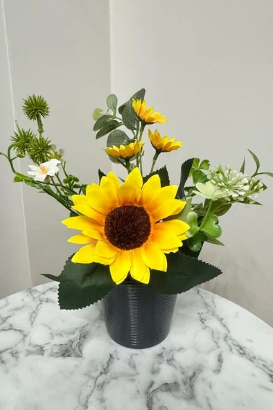 Yapay Çiçek Ay Çiçeği Aranjmanı Siyah Plastik Saksılı 25cm Dekoratif Süs Çiçeği - 6