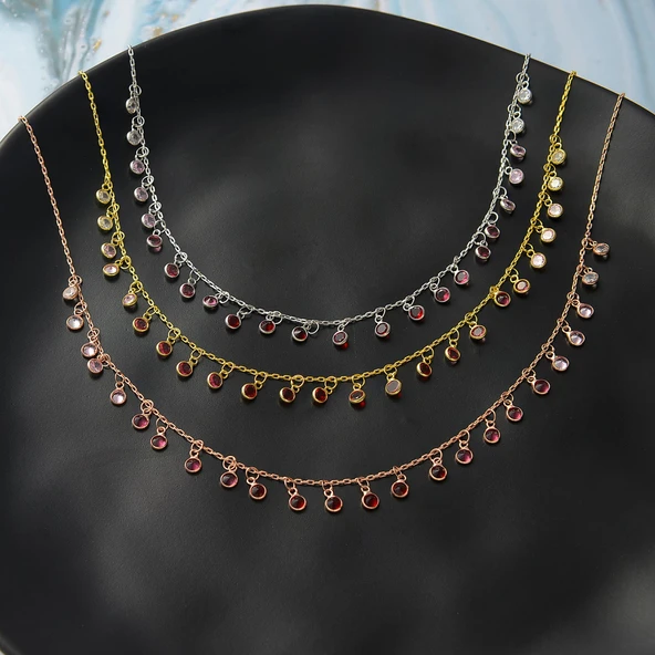 925 ayar gümüş kırmızı renk geçişli zirkon taşlı ful sallantı kolye - 3