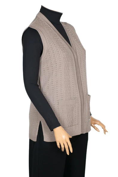 Hesna Kadın Karen Triko Cepli Boncuklu Kum Beji Yelek - 5