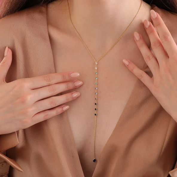 925 ayar gümüş mavi renk geçişli sallantılı Y kolye - 5