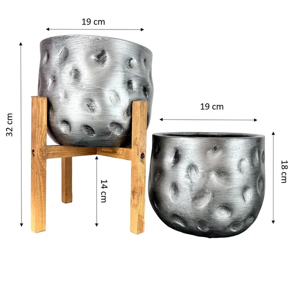 Bitki Tasarımı Ev Dekorasyon Aksesuar Gümüş Desenli Toprak Saksı Saksılık Salon Çiçeklik İkili Set 4 Ayaklı - Ayaksız 19 CM - 2