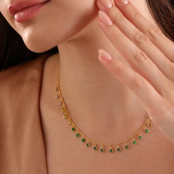 925 ayar gümüş yeşil renk geçişli zirkon taşlı ful sallantı kolye - Resim 5