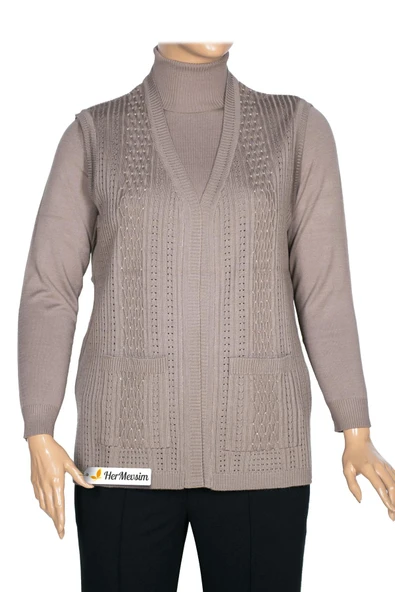 Hesna Kadın Karen Triko Cepli Boncuklu Kum Beji Yelek - 2