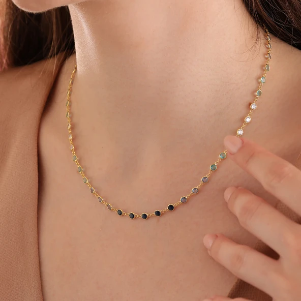 925 ayar gümüş mavi renk geçişli zirkon taşlı tamtur kolye