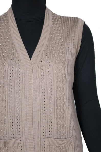 Hesna Kadın Karen Triko Cepli Boncuklu Kum Beji Yelek - 3