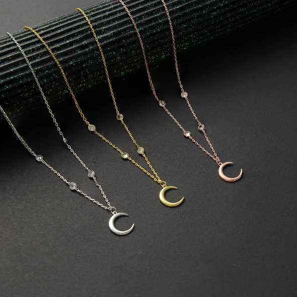 925 ayar gümüş hilal obje zirkon taşlı kolye - 3