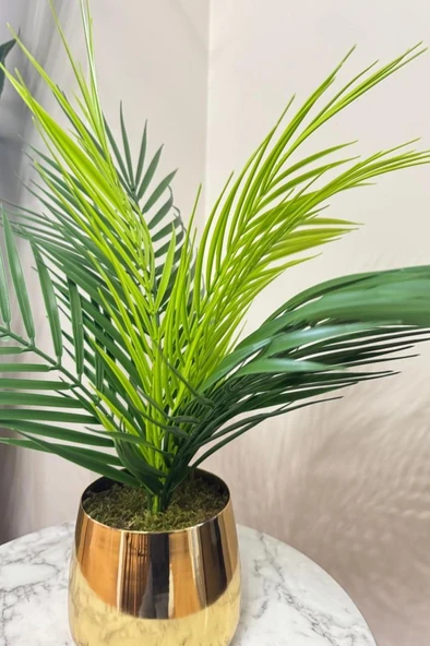 Nettenevime Yapay Çiçek Palmiye Areka Yapay Bitki Gold Metal Saksı Salon Çiçeği 9 Yaprak 50cm - Resim 3
