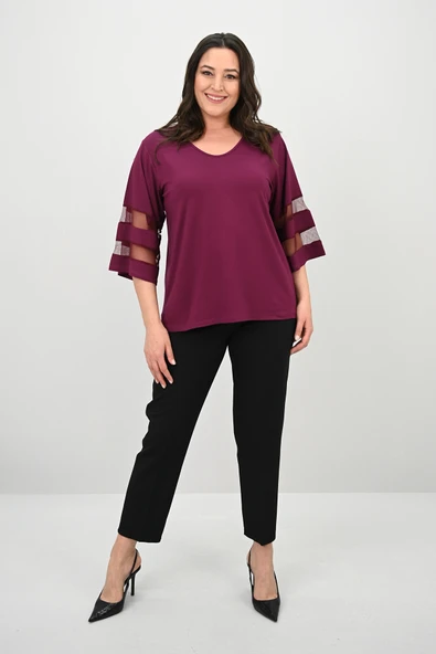 Kadın Büyük Beden Yarasa Kol Tül Detaylı Bluz 1901-25 - 10