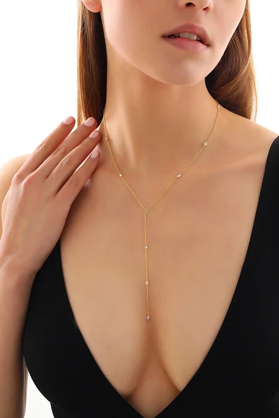 925 ayar gümüş yuvarlak zirkon taşlı zincir atlamalı Y kolye