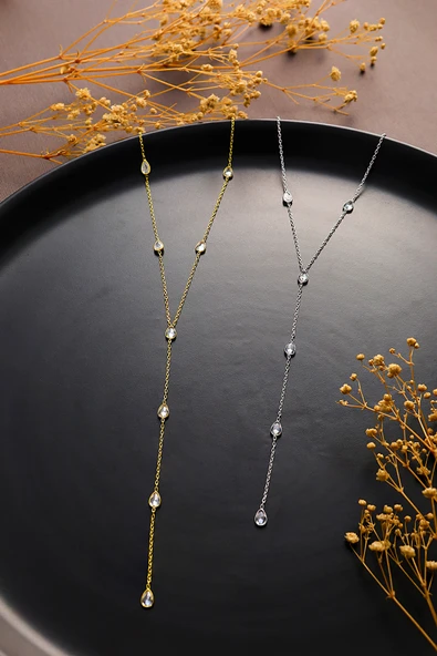 925 ayar gümüş damla zirkon taşlı zincir atlamalı Y kolye ürün görseli 1