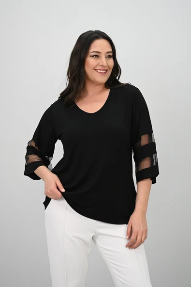 Kadın Büyük Beden Yarasa Kol Tül Detaylı Bluz 1901-25 - 7