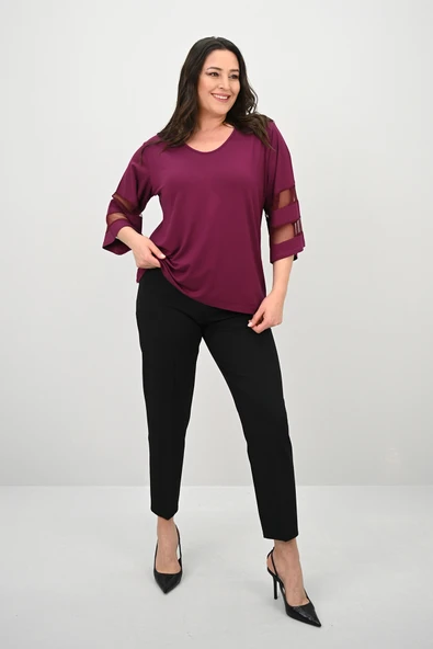 Kadın Büyük Beden Yarasa Kol Tül Detaylı Bluz 1901-25 - 9