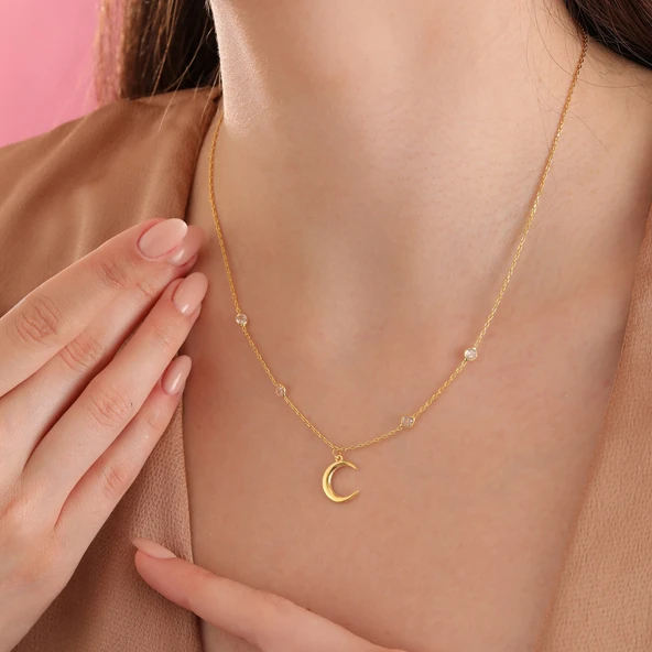 925 ayar gümüş hilal obje zirkon taşlı kolye