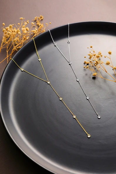 925 ayar gümüş yuvarlak zirkon taşlı zincir atlamalı Y kolye - 2