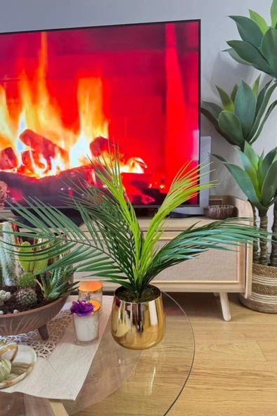 Nettenevime Yapay Çiçek Palmiye Areka Yapay Bitki Gold Metal Saksı Salon Çiçeği 9 Yaprak 50cm - Resim 5