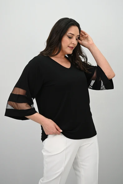 Kadın Büyük Beden Yarasa Kol Tül Detaylı Bluz 1901-25 - 5