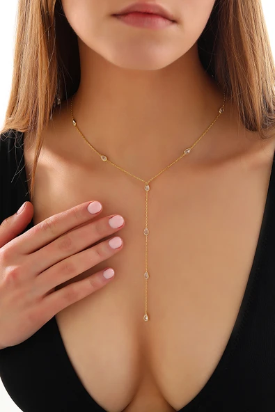 925 ayar gümüş damla zirkon taşlı zincir atlamalı Y kolye - Resim 5