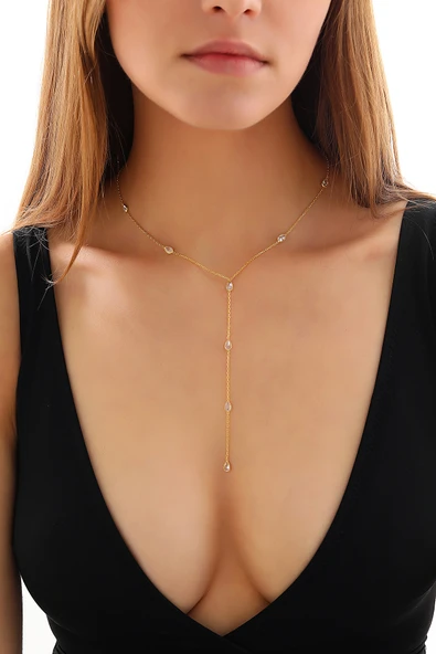 925 ayar gümüş damla zirkon taşlı zincir atlamalı Y kolye - Resim 4