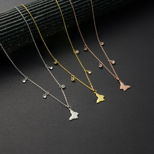 925 ayar gümüş kelebek objeli zirkon taş sallantılı kolye